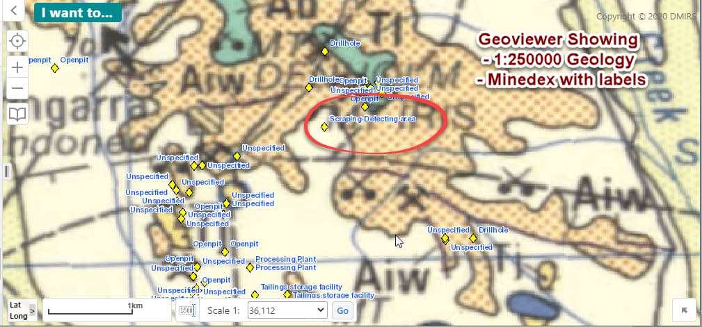 Geoviewer showing Gold Mines and Geological structures.
