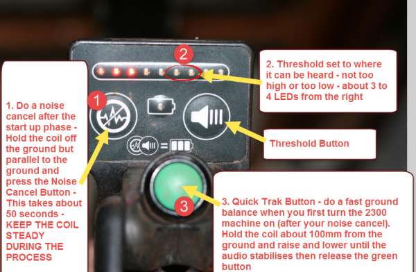 Then do a Noise Cancel and Quick Ground Balance on the Minelab 2300. Thats it!.